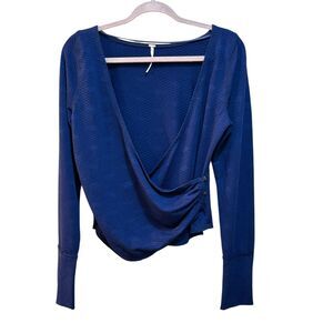 Free People Shirt Womens Large Blue Surplice Draped Long Sleeve Textured Top